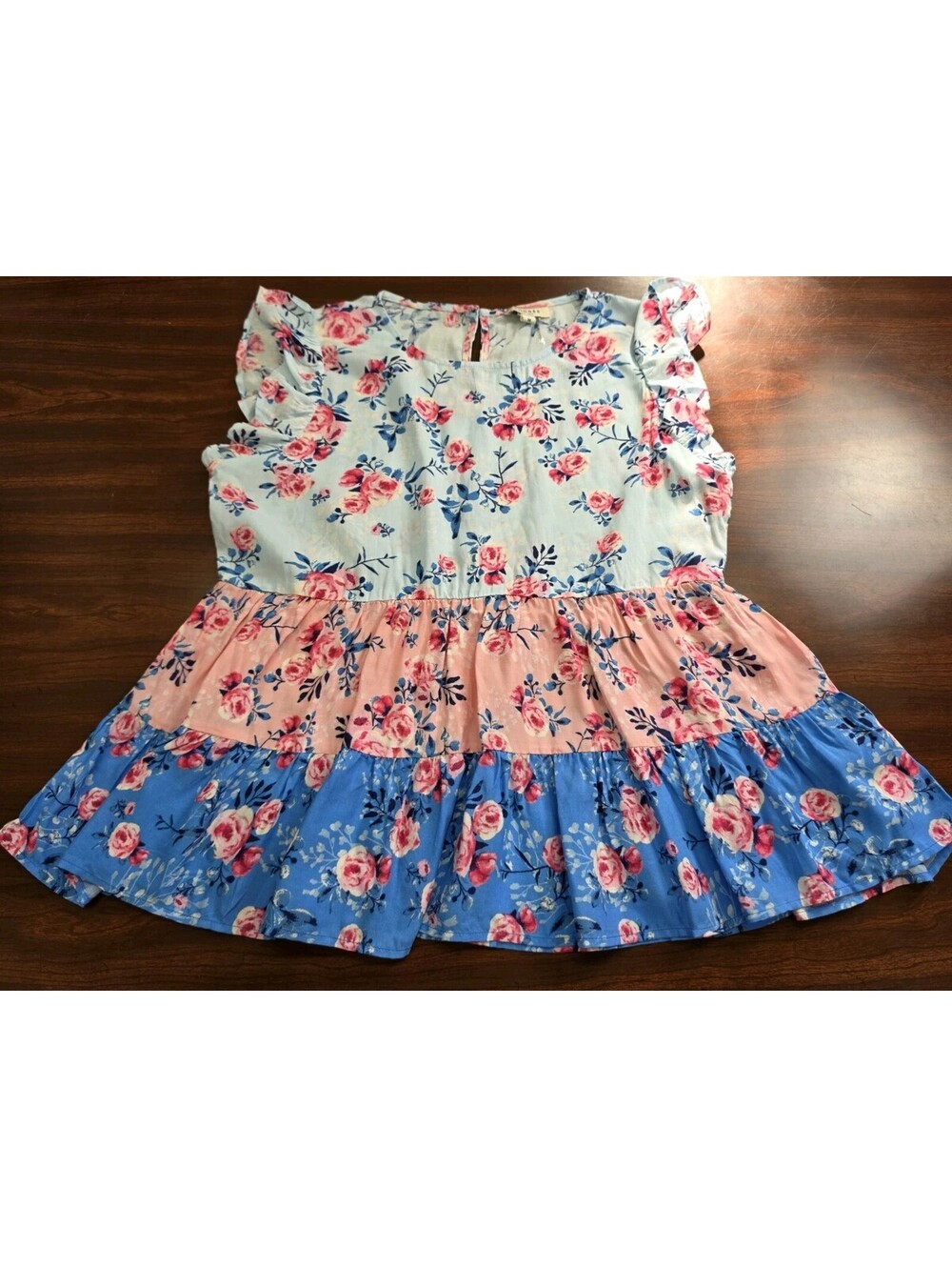NWOT Andree By Unit Top Medium Blue Pink Floral Tiered Peasant Boho Cottagecore